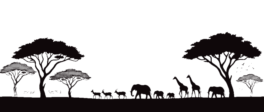 Silhouette di acacie, elefanti, giraffe e antilopi della savana